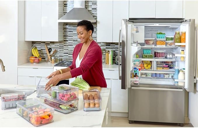 iDesign Crisp Produce Plastic Refrigerator and Modular Stacking Pantry Bin with Lid and Removable Inner Basket, Perfect for Washing Vegetables, Fruit, Lettuce, BPA Free 15.72" x 6.32" x 3.76"