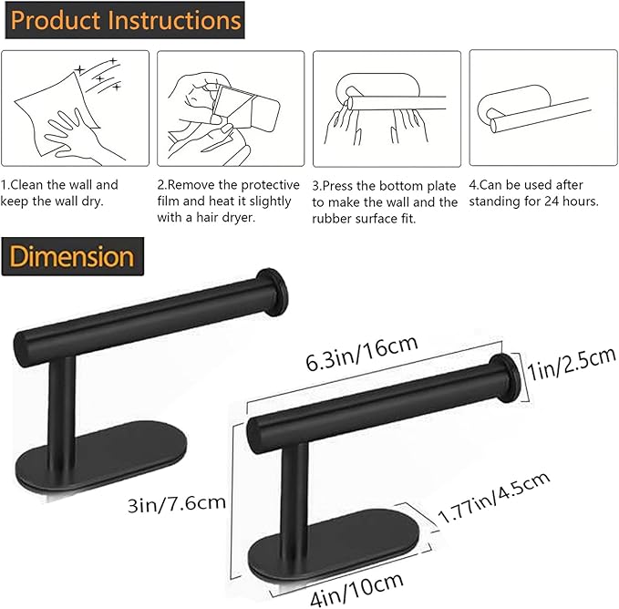 Toilet Paper Holder - Self Adhesive Toilet Paper Holder Wall Mount for Bathroom, SUS 304 Stainless Steel Command Strip Toilet Paper Roll Holder Stick On Wall, No Drilling - Matte Black(2 Pcs)