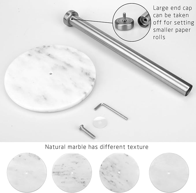 Paper Towel Holder Countertop with 7" Weighted White Marble Base,Modern Free Standing Paper Roll Holder, Brushed Nickel Finish Stainless Steel Stand Paper Towel Holder for Kitchen and Bathroom