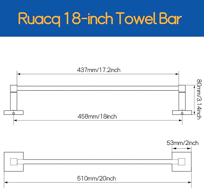 RUACQ Towel Bar 18inch, Towel Racks for Bathroom, 304 Stainless Steel Towel Holder Wall Mounted, Heavy Duty Bathroom Decor Towel Rod (Chrome)