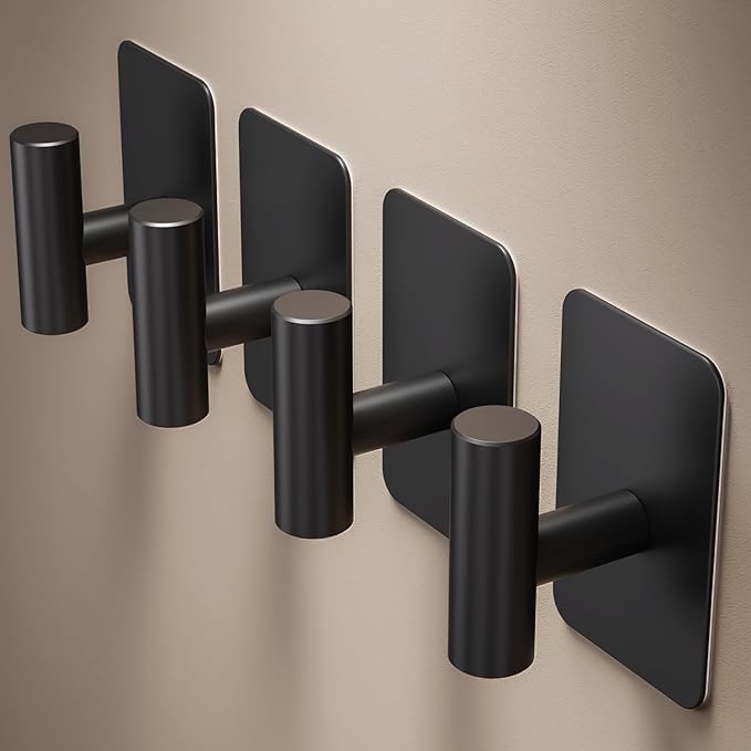 Eowihor Heavy Duty Adhesive Hooks - 26lb Max, Sticky Wall Hooks Waterproof Stainless Steel for Hanging Towel, Coat, Robe, Towel Hooks Stick on Bathroom, Kitchen, Shower, Door (Black, 4 Pack)