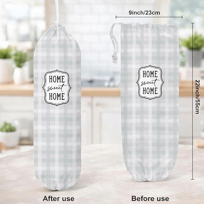 Plastic Bag Holder, Home Sweet Home Plastic Bag Holder for Kitchen Essentials, Beige Grid Bags Holders for Plastics Bags Groceries Store, Kitchen Gifts to Women Family Friends