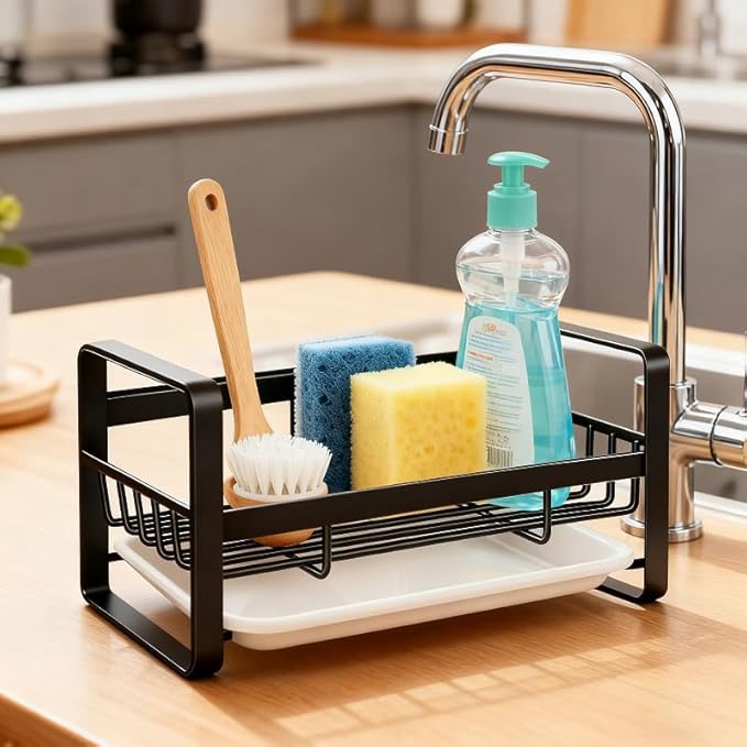 Dish Brush and Sponge Holder, Sink Caddy Organizer with Catch Water Tray, Stainless Steel Sinkware Organizer for Kitchen Countertop