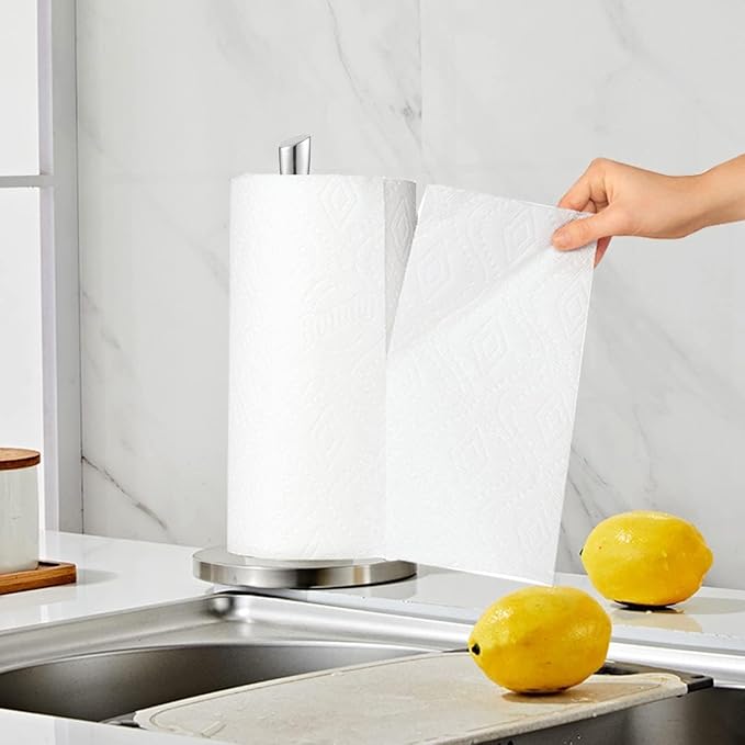 Paper Towel Holder countertop, Free-Standing Kitchen roll Holder for Kitchen Bathroom, Paper Towel Holder Stand Dispenser with Stainless Base Fits Standard (Silver-1)