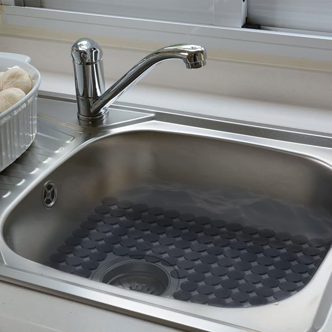 Qulable 2Pack Kitchen Sink Mat for Stainless Steel/Ceramic Sinks, PVC Eco-friendly Protectors for Bottom of Kitchen Sink, Adjustable, Fast Draining, Dots Design, 11.8x15.7 (Solid Gray)