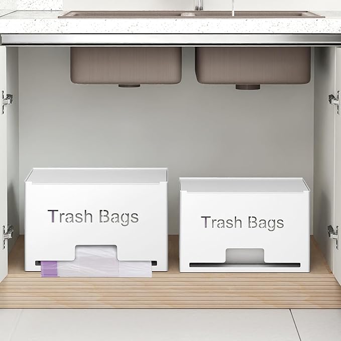 2-Pack Trash Bag Holder Dispenser, Stackable Garbage Bag Dispenser, Extra Large Trash Storage Organizer for Kitchen Laundry Under Sink, Wall Mounted or Freestanding, Metal White