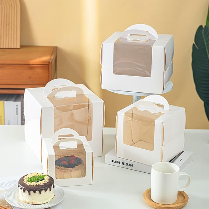 20 Pcs 6x6x5 Inch White Cake Boxes with Window & Handle & Cake Boards, Easy Carrying Plastic Cake Containers, Cake Holder Carriers for Birthday Christmas Birthday Wedding, Party, Gift