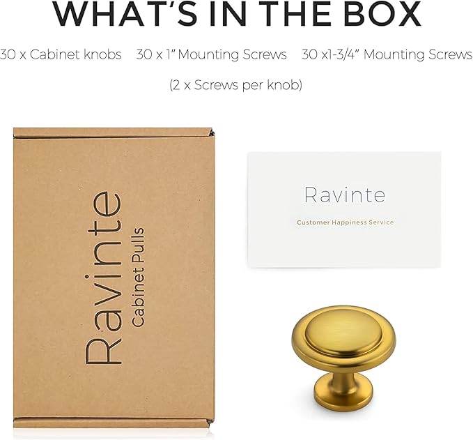 Ravinte 30 Pack Brushed Brass Cabinet Pulls - 1-1/4 inch Kitchen Cabinet Knobs & Drawer Pulls for Dresser Drawers
