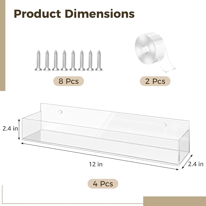 4 Pcs Clear Acrylic Spice Rack Wall Mount, Hanging Adhesive Spice Organizer for Kitchen Pantry, Storage Shelves, Space Saving Design