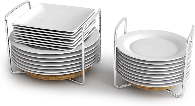 Dish Rack for Kitchen Countertop Organizer - Bamboo Plate Organizer for Cabinet Space Saver, Adjustable Stainless Steel 304 Plate and Bowl Holder with Portable Handle for Drawer Cupboard Shelf RV