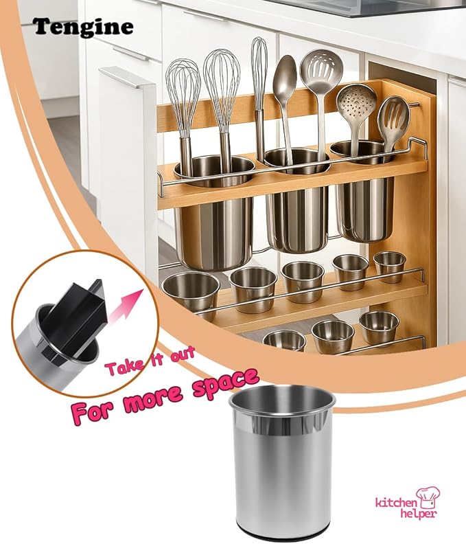 TENGINE Stainless Utensil Holder 360° Rotating 6.5X5.25 Inch Utensil Crocks for Kitchen Counter with Removable Divider Black