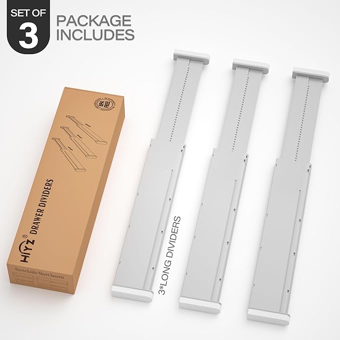 HiYZ Expandable Drawer Dividers - 12.6-22.8'' Adjustable Drawers Organizers for Kitchen Utensils, Drawer Separators in Bedroom, Dresser, Office, Bathroom, Fridge, 3 Pack Long Dividers-Gray