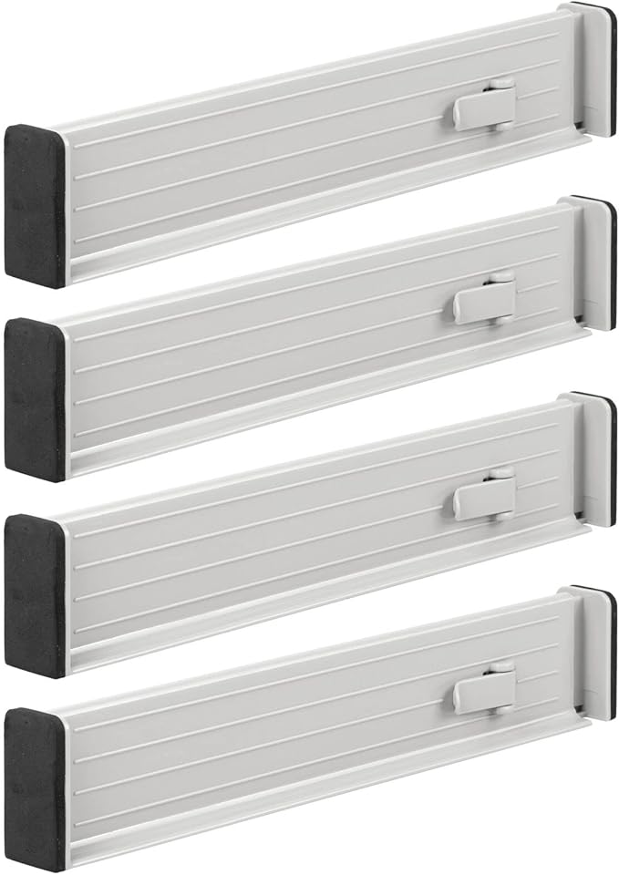 mDesign Expandable Dresser Drawer Divider with Foam Ends, Drawer Divider Locks in Place, Separators for Clothing and Accessories in Closet or Dresser Drawer, Ligne Collection, 4 Pack, Stone