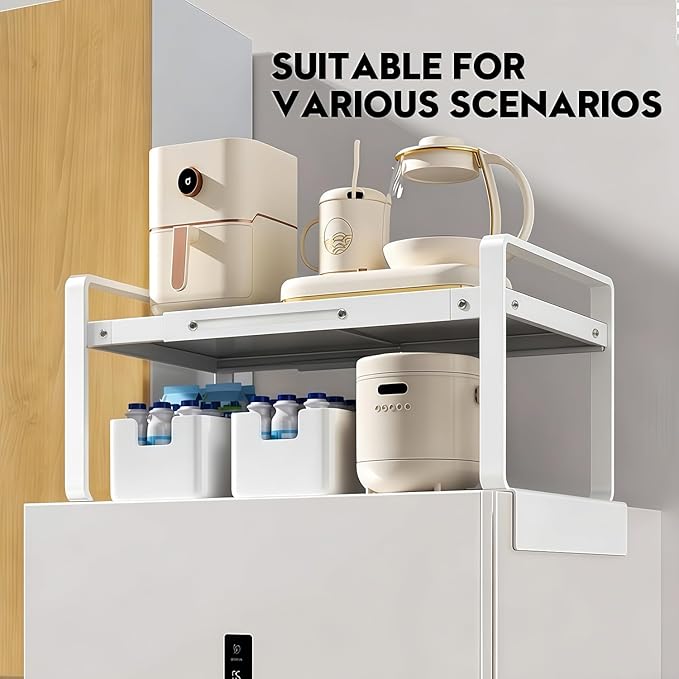 (17-31.5 inches) Adjustable Refrigerator or Washer Top Storage Rack - Expandable Organizer Shelf, L-Shaped Protective Card Slot Design for Kitchen, Laundry Room, Dorm -Durable Metal Space Saver-White