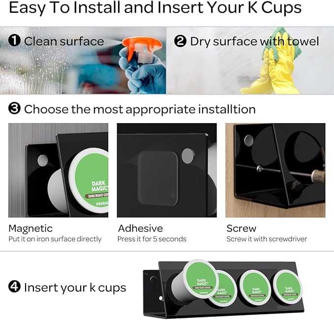 K Cup Holders, Acrylic Coffee Pods Organizer Stand Magnetic & Self-Adhesive Wall Mounted K Cup Stand for Kitchen Wall, Cabinet, Fridge (4 Pack for 16 Pods)