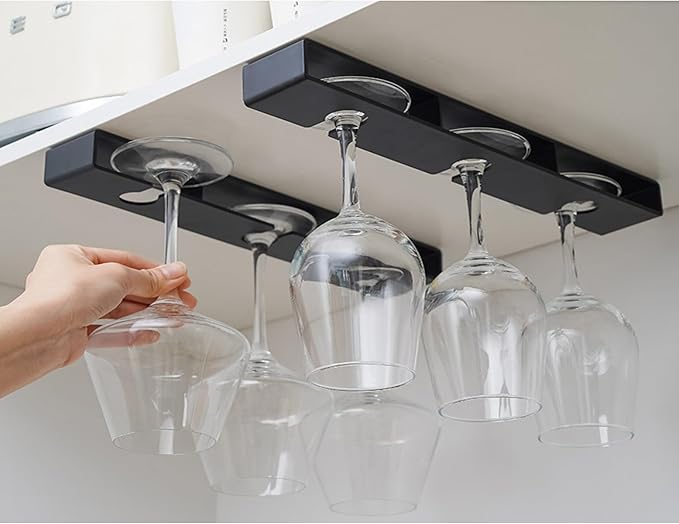 Wine Glass Holder,Under Shelf Cabinet Wine Glass Rack, Plastic Stemware Rack,Glassware Drying Storage Hanger for Kitchen,Bar and Restaurant (Black Style A-4pc)