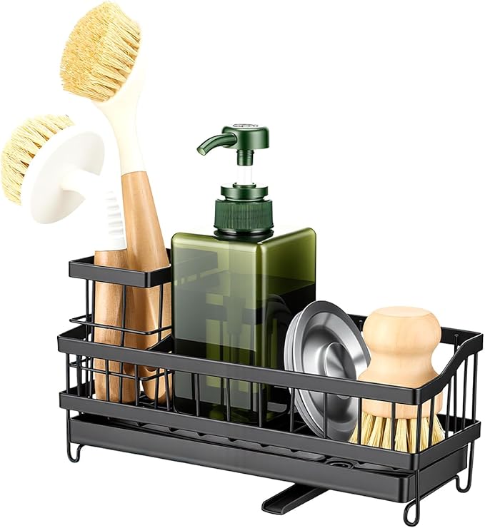 Sink Caddy & Organizer with 360° Rotating Drain, Countertop Holder for Sponges, Dishwashing Liquid, Long Handle Scrubber Compartment - Black