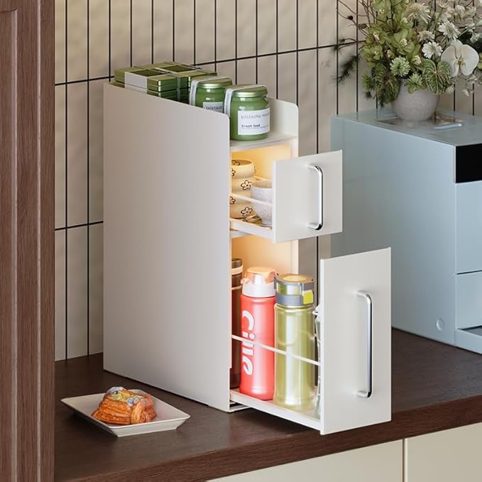 Saiveina Pull Out Spice Rack Organizer – 3 Tier Sliding Drawer, No Assembly Steel Kitchen Countertop Storage for Tall Bottles, Condiments & Seasonings, Compact Pantry Organizer