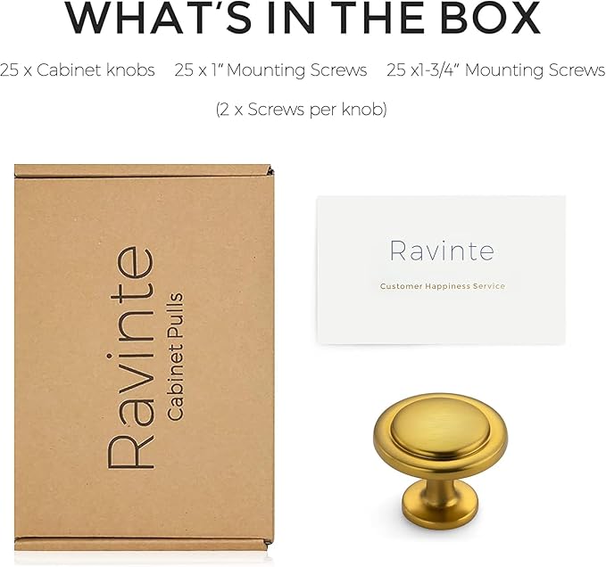 Ravinte 25 Pack Brushed Brass Cabinet Pulls - 1-1/4 inch Kitchen Cabinet Knobs and Drawer Pulls for Dresser Drawers
