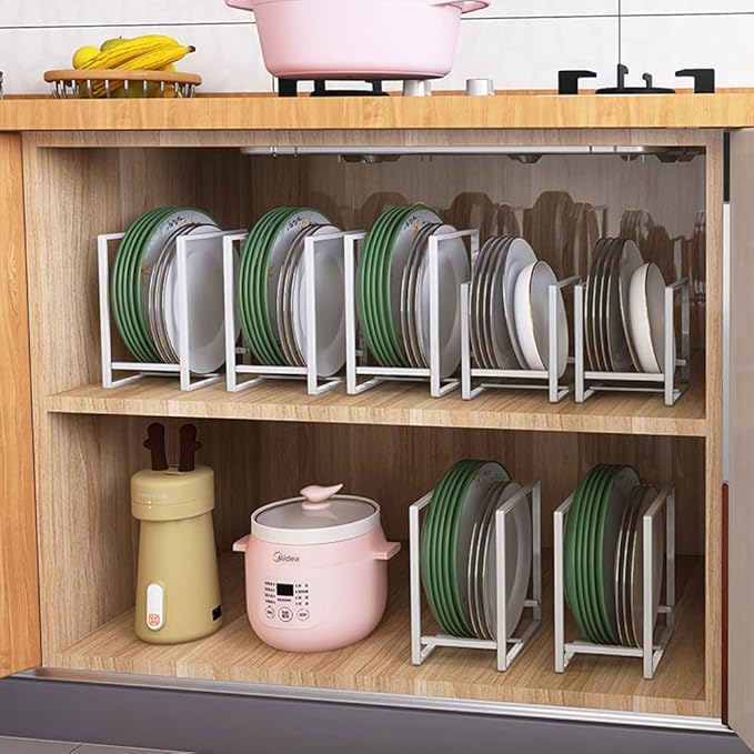 4PCS Plate Holders Organizer, Metal Dish Storage Dying Display Rack for Cabinet, Counter and Cupboard, White, 4 Small