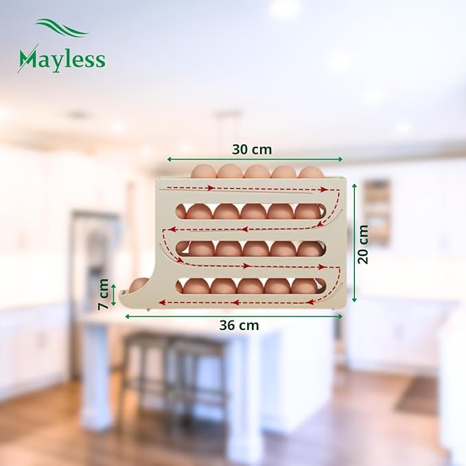 MAYLESS Auto Rolling Egg Holder for Fridge, Refrigerator Organizer Rack (White)