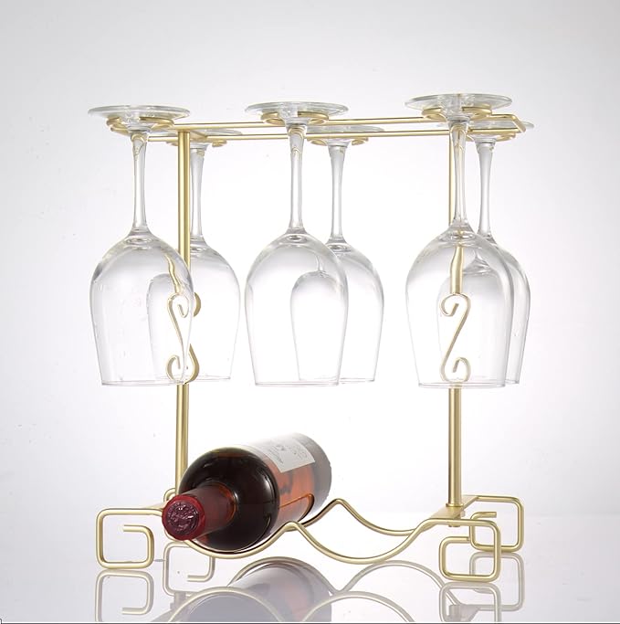 Homya Wine Glass Holder, Freestanding Table Top Goblets Metal Storage Rack for 2 Bottles with 6 Hooks Kitchen Glass Accessories, Gold