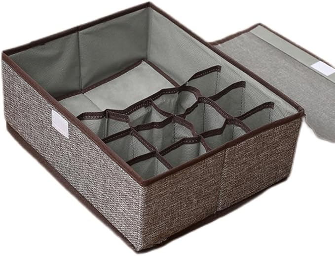 FACELESS Cotton and Linen Fabric Storage Box, Foldable with Lid, Dust-Proof, Drawer Style Partition, Underwear and Socks Storage (2 pieces - gray-13 grids, 17.72X11.42X4.72 IN)