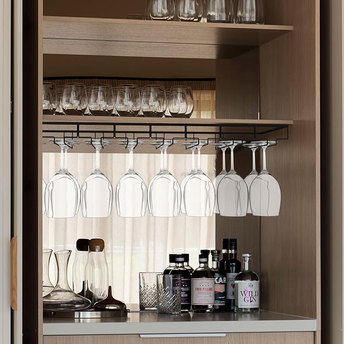 8-Row Wine Glass Rack Under Cabinet, 31 inch Stemware Hanger under Shelf, Large Capacity Glasses Storage for Bars and Kitchen Counters