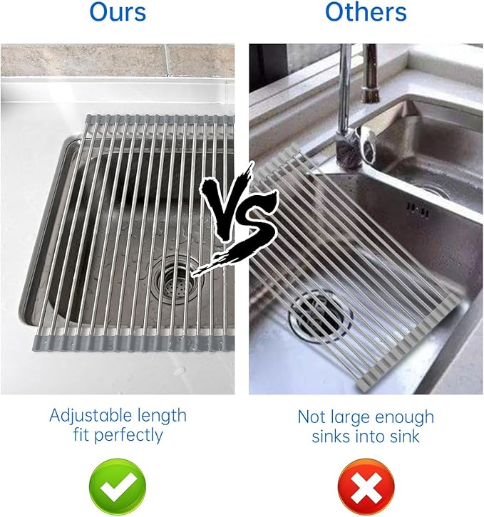 Expandable Large Roll Up Dish Drying Rack 18 Tube 21.25x12.79''Collapsible Over The Sink Rack Non-Slip Silicone Rolling Dish Drainer Stainless Steel Roll Rack for Kitchen Sink Counter (Gray)