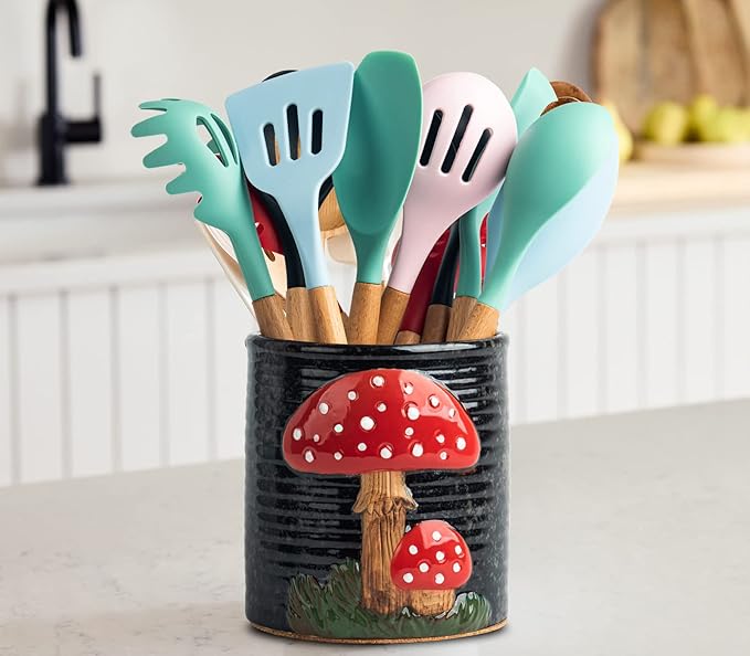 Mushroom Kitchen Utensil Holder For Countertop Ceramic Utensil Holder For Kitchen Counter Large Cooking Utensil Utensil Crock Holder Spatula Holder Utensil Organizer For Countertop
