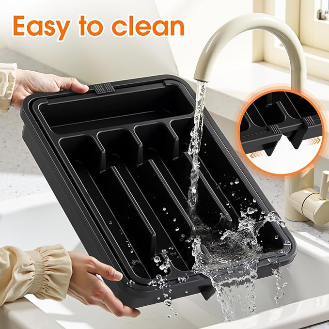 Silverware Organizer,Adjustable & Expandable Utensil Drawer Organizer, BPA Free Utensil Holder, Cutlery Tray for Forks, Spoons, Knives in Kitchen, Medium, Black