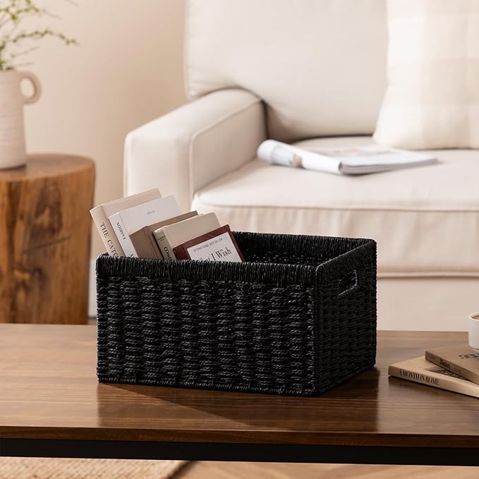 joybest Black Wicker Baskets, Woven Paper Rope Storage Baskets for Organizing, Foldable Rectangular Bin with Handles for Pantry, 13.4L x 8.3W x 7.1H inch, 2-pack