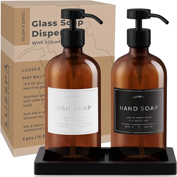 Lotion, Hand & Dish Soap Dispenser for Kitchen & Bathroom | Soap Dispenser Set of 2 16.8 Oz Glass Bottles with Stainless Steel Pump, 15 Water Proof Labels & Silicon Tray (Amber/Black)