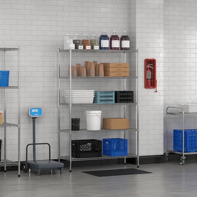 Commercial NSF Listed Chrome Stationary Wire Shelving Kit 18" x 48" x 74", with 5 Shelves Perfect for Warehouse, Walk-in Refrigerator, Freezer, Grocery Store, Restaurant, Dishroom