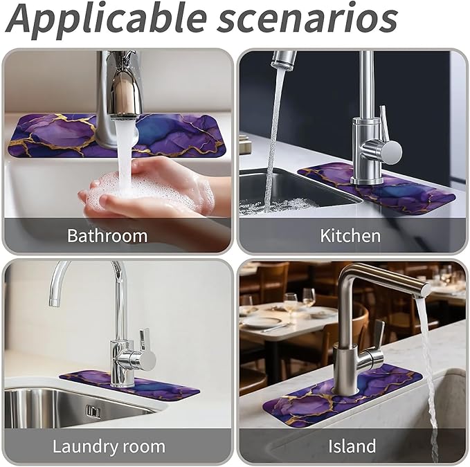 Kitchen Sink Splash Guard,Deep-purple gold marble Faucet Mat Sink Gadgets-Super Absorbent Fast Drying Mat Drip Catcher for Kitchen, Bathroom,Sink Mat, Dish Drying Mat, Bathroom(15" X 5.5" )