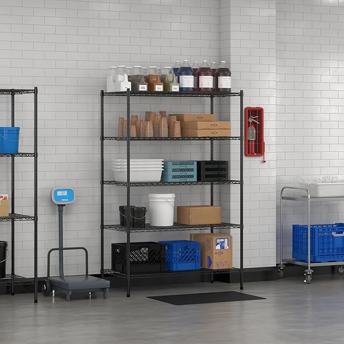 Commercial NSF Listed Black Epoxy Stationary Wire Shelving Kit 24" x 48" x 74", with 5 Shelves Perfect for Warehouse, Walk-in Refrigerator, Freezer, Grocery Store, Restaurant, Dishroom