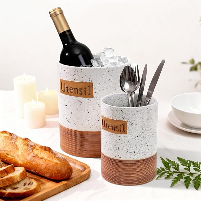 Utensil Holder, 7.1"+5.4" Ceramic Kitchen Utensil Crock for Counter, Farmhouse Cooking Utensil Organizer for Spatula Spoon Silverware Vintage Kitchen Decor Accessories Set of 2, White