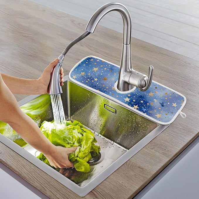 2 PCS Kitchen Sink Splash Guard 14.9 Inch Faucet Mat for Kitchen Sink Bathroom Sink Faucet Absorbing Drip Drain Mat Pad Microfiber Soft Washable Black and Blue Stars