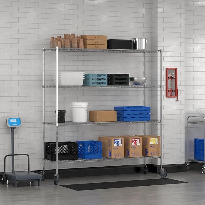 Commercial NSF Listed Chrome Mobile Wire Shelving Kit 21" x 72" x 80", with 4 Shelves Perfect for Warehouse, Walk-in Refrigerator, Freezer, Grocery Store, Restaurant, Dishroom