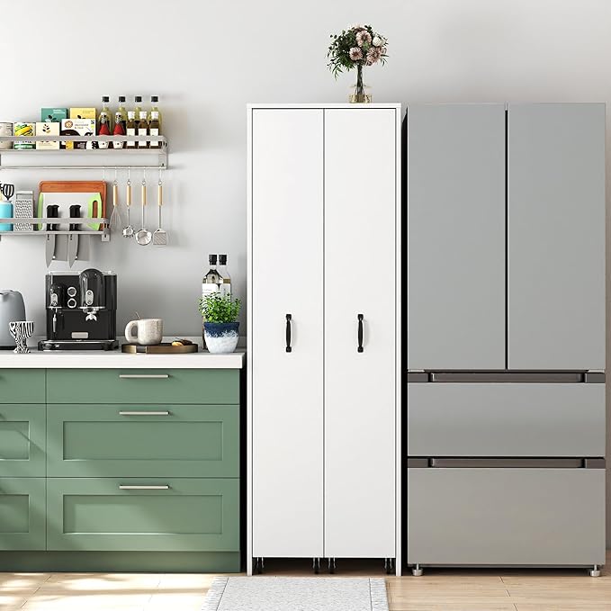 Double Pull Out Pantry Cabinet, Slim Rolling Storage Cart for Kitchen & Home Office, 8-Tier Wood Rolling Pantry Cart Gap Filler for Laundry Room, Dustproof Slide Out Organizer, 62" H White