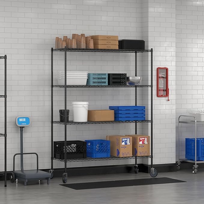 Commercial NSF Listed Black Epoxy Mobile Wire Shelving Kit 21" x 60" x 80", with 4 Shelves Perfect for Warehouse, Walk-in Refrigerator, Freezer, Grocery Store, Restaurant, Dishroom