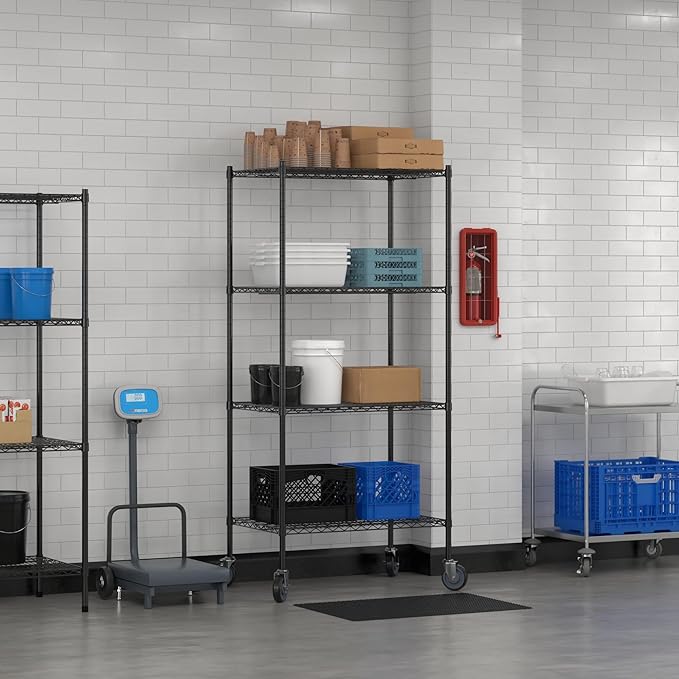 Commercial NSF Listed Black Epoxy Mobile Wire Shelving Kit 24" x 36" x 80", with 4 Shelves Perfect for Warehouse, Walk-in Refrigerator, Freezer, Grocery Store, Restaurant, Dishroom