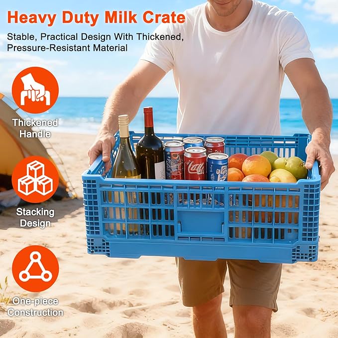 Shineyaplus Collapsible Milk Crate, 1 pck 52L(13GAL) Stackable Storage Bins, Heavy Duty Storage Crates, Plastic Crates for Grocery, Warehouse Organization - Extra Large, Holds 130 lbs Per Bin