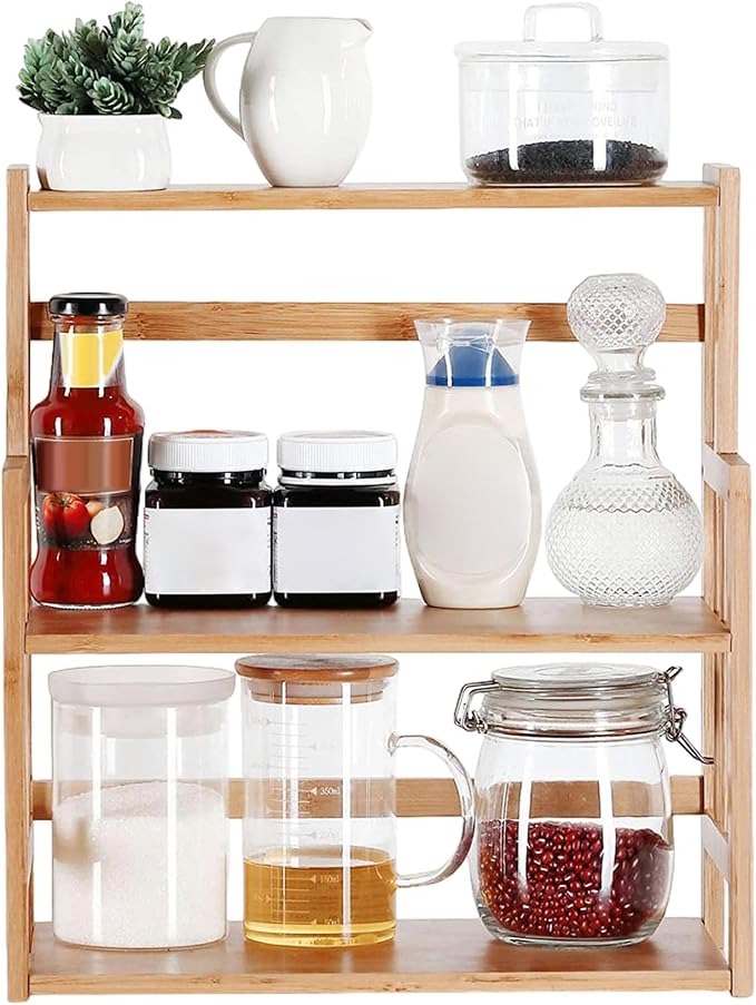Bamboo Shelves, 15x7.5x16.5 Inch 3-Tier Wooden Spice Rack, With Adjustable Shelf Kitchen Countertop Organizer, Easy Installation Kitchen Counter Shelf for Dining Room Countertop Organizer