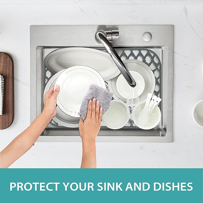 SAMSIER Sink Protectors for Bottom of Kitchen Sink 13x11 &16x12 &21x16 &22x13 &24x13 &26x14 &28x14 &30x16, Large Farmhouse Silicone Mats Grid (19”x14”, Rear Drain)