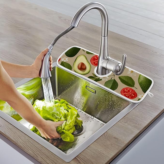 2 PCS Kitchen Sink Splash Guard 30 Inch Faucet Mat for Kitchen Sink Bathroom Sink Faucet Absorbing Drip Drain Mat Pad Microfiber Soft Washable Green Avocado Tomato Leaves