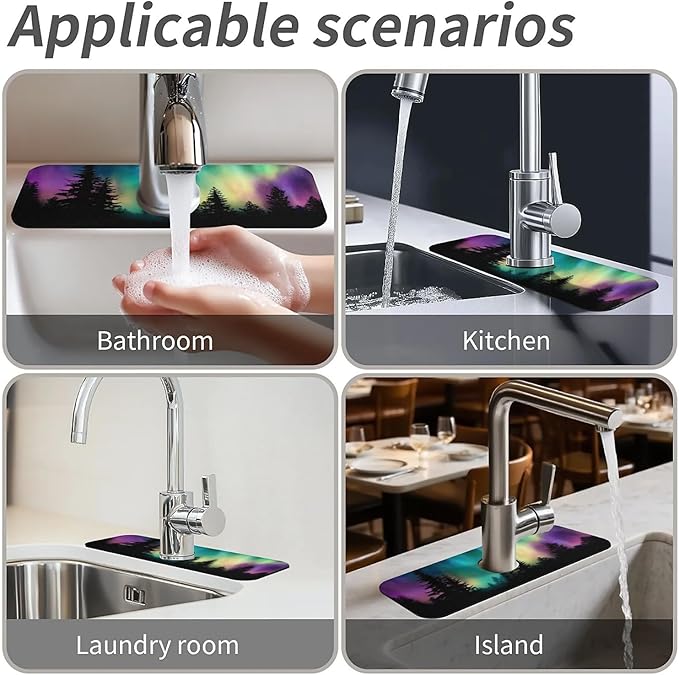 Kitchen Sink Splash Guard,Arctic Lights in Alaska Faucet Mat Sink Gadgets-Super Absorbent Fast Drying Mat Drip Catcher for Kitchen, Bathroom,Sink Mat, Dish Drying Mat, Bathroom(15" X 5.5" )