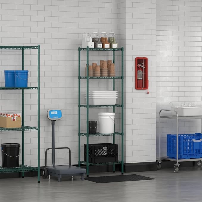 Commercial NSF Listed Green Epoxy Stationary Wire Shelving Kit 12" x 24" x 74", with 5 Shelves Perfect for Warehouse, Walk-in Refrigerator, Freezer, Grocery Store, Restaurant, Dishroom