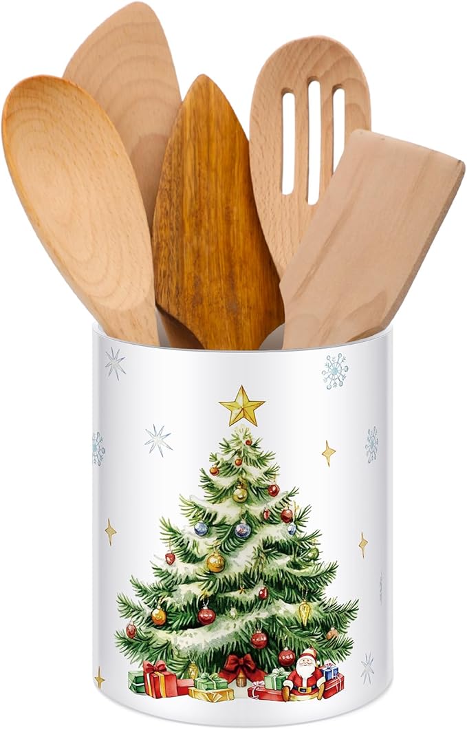 WILLBOND Christmas Tree Kitchen Decor Acrylic Kitchen Utensil Holder Crock Spoon Organizer for Countertop Table Decor Coffee Spoon Holder Jar for Cooking Tools