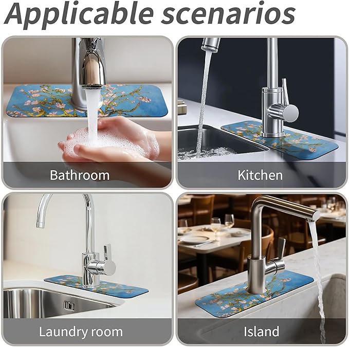 Kitchen Sink Splash Guard,Almond tree Faucet Mat Sink Gadgets-Super Absorbent Fast Drying Mat Drip Catcher for Kitchen, Bathroom,Sink Mat, Dish Drying Mat, Bathroom(15" X 5.5" )